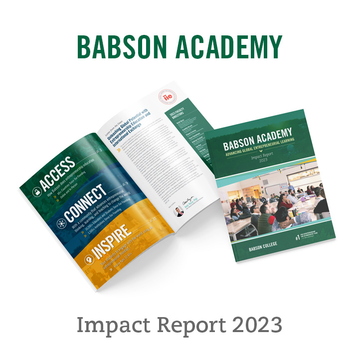 Brochure laying on desk with words Babson Academy Impact Report 2023