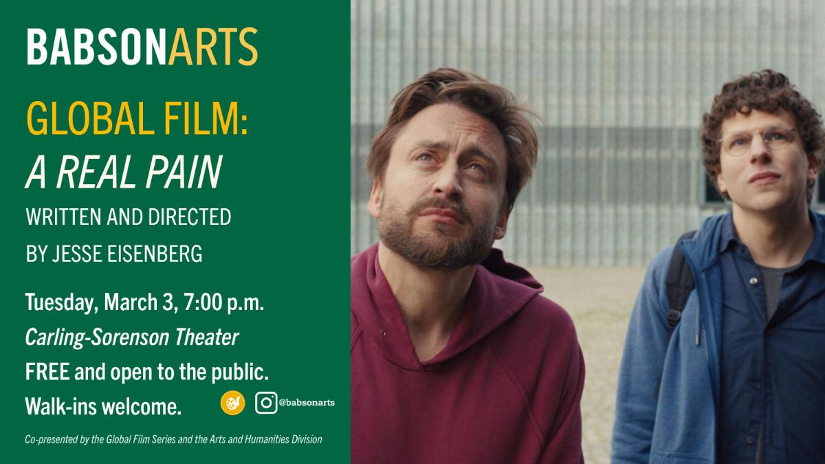 A graphic advertising Global Film screening A Real Pain