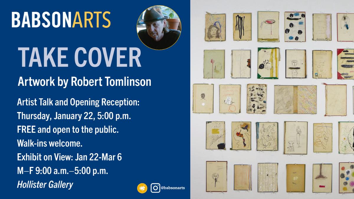 a graphic advertising an art exhibit called TAKE COVER by artist Robert Tomlinson
