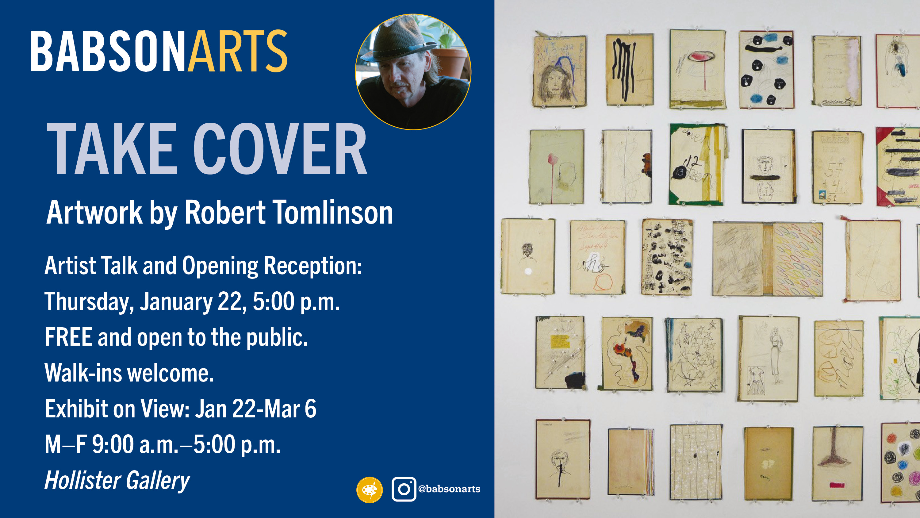 a graphic advertising an art exhibit called TAKE COVER by artist Robert Tomlinson