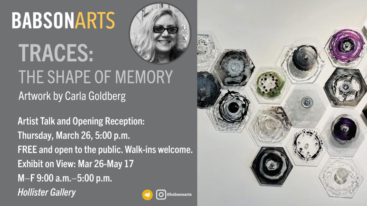 a poster advertising the exhibit of Carla Goldberg with her headshot and a sample of her work