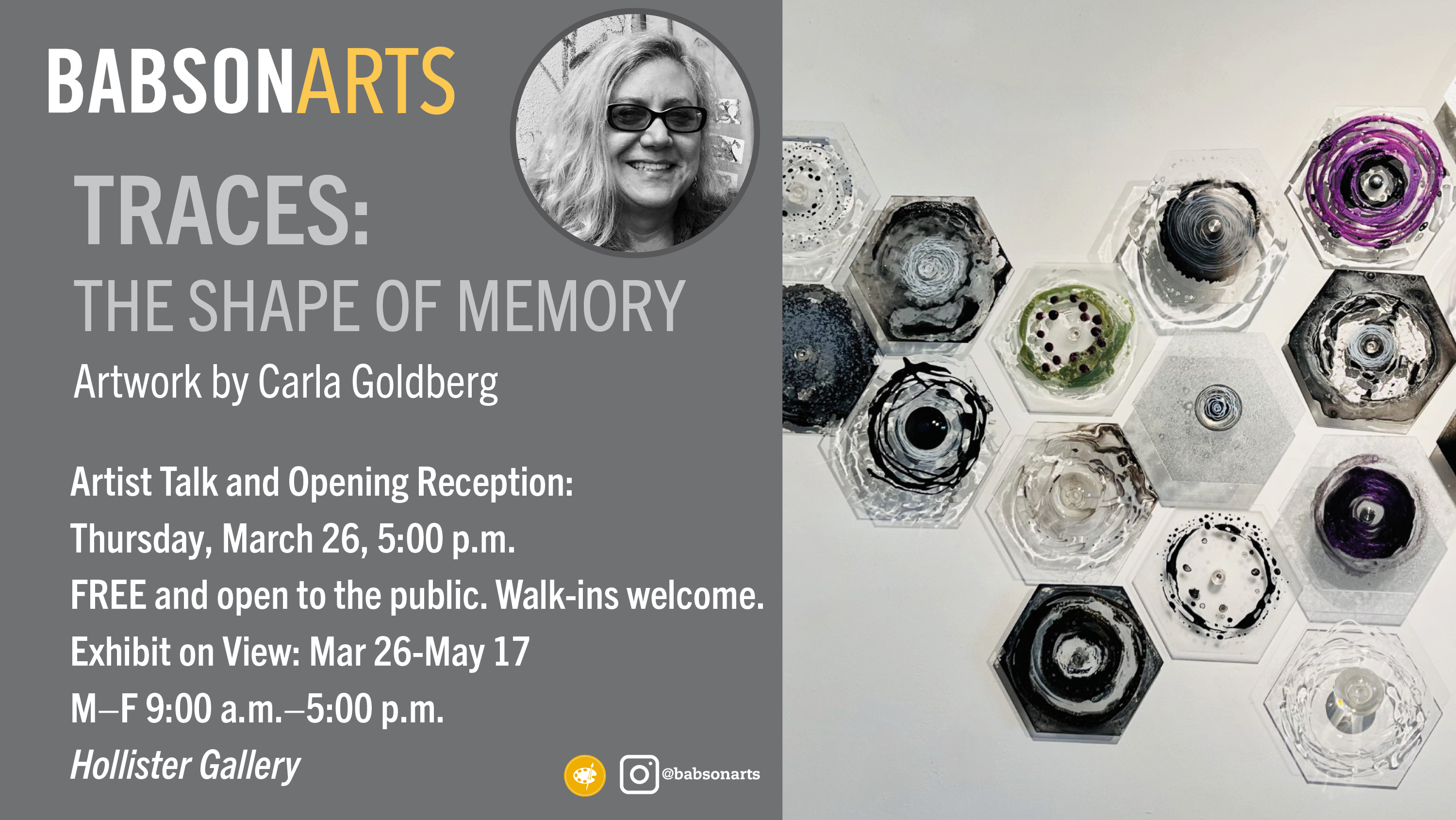 a poster advertising the exhibit of Carla Goldberg with her headshot and a sample of her work