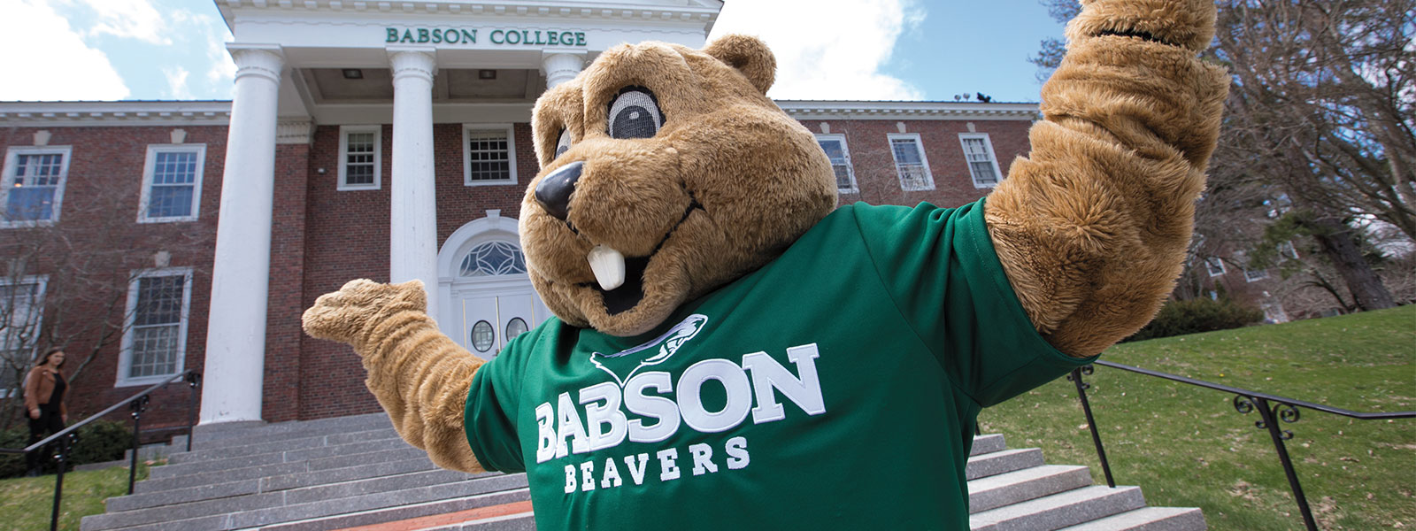 Image of Biz E beaver Mascot in front of Tomasso Hall