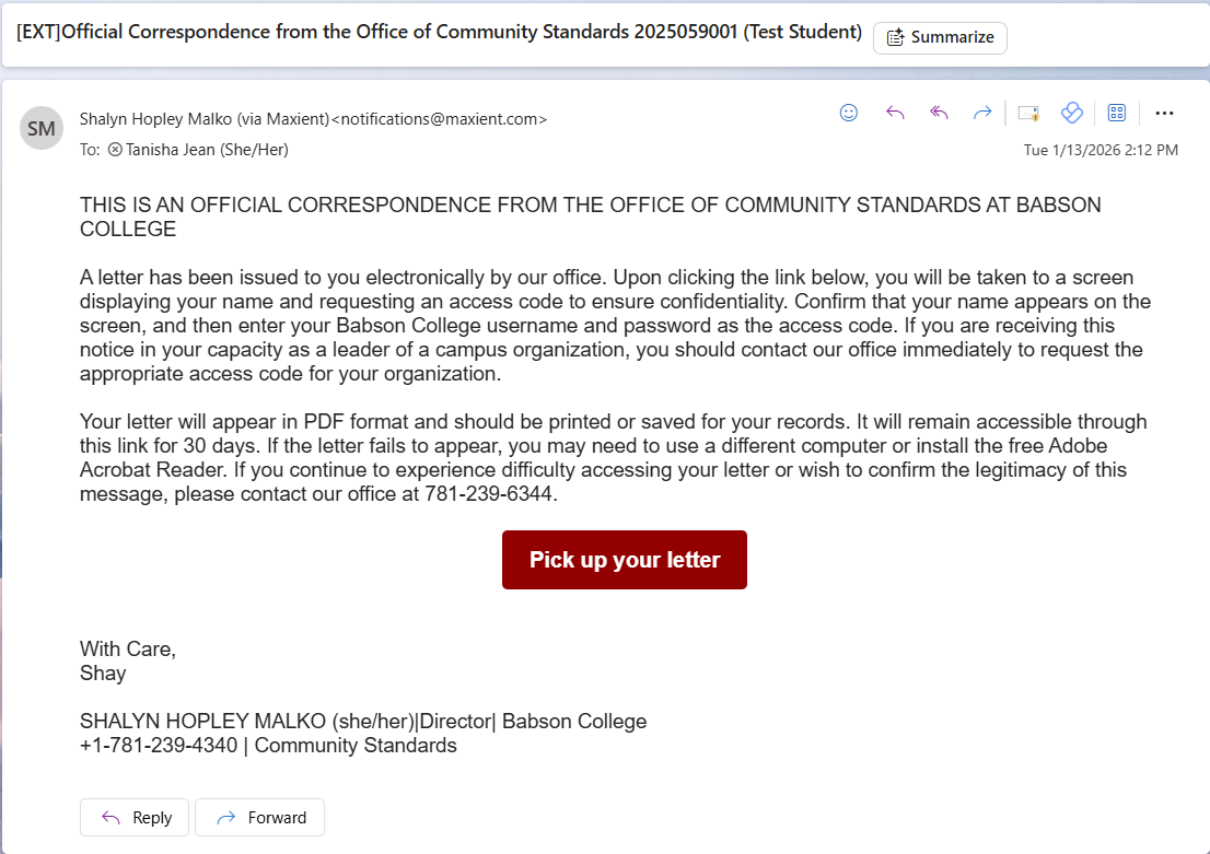 An email from a staff member to a student regarding a conduct matter. There is a red button indicating that the student should click on that to retrieve the email contents.