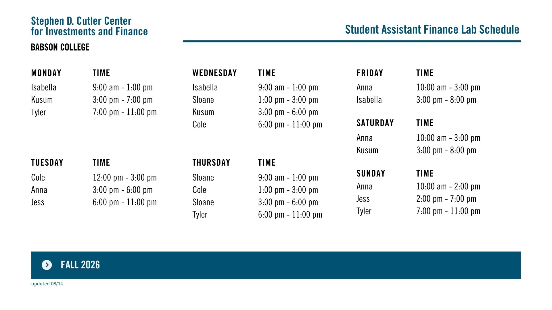 student assistant lab schedule
