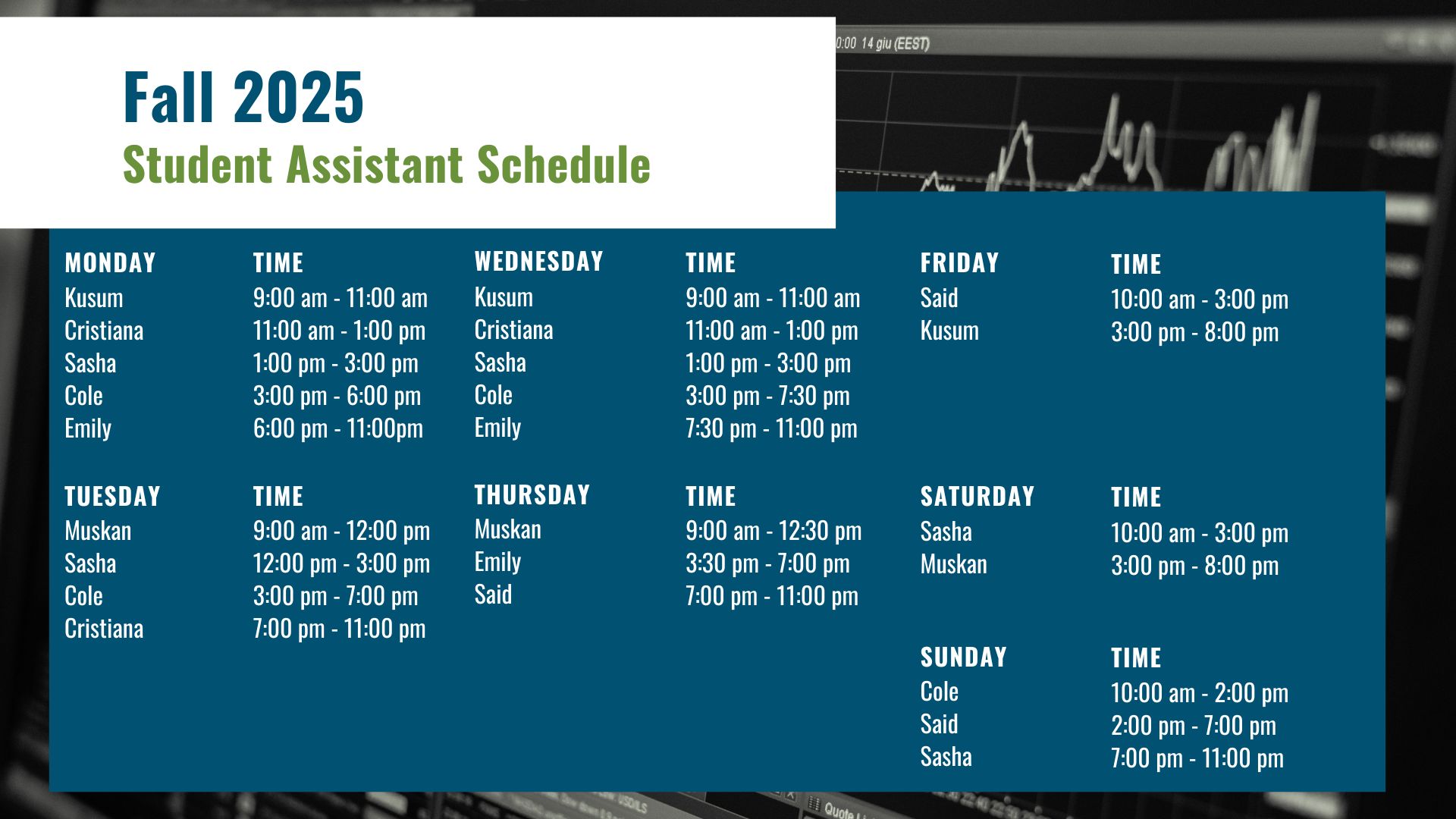 student assistant schedule