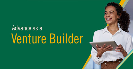 Advance as a Venture Builder text with smiling person on a tablet