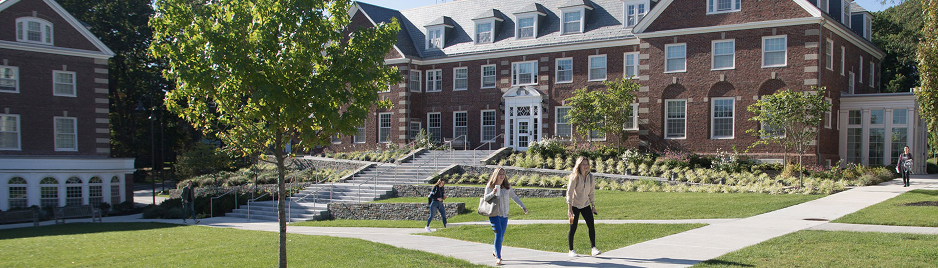 students walking on babson campus lush green