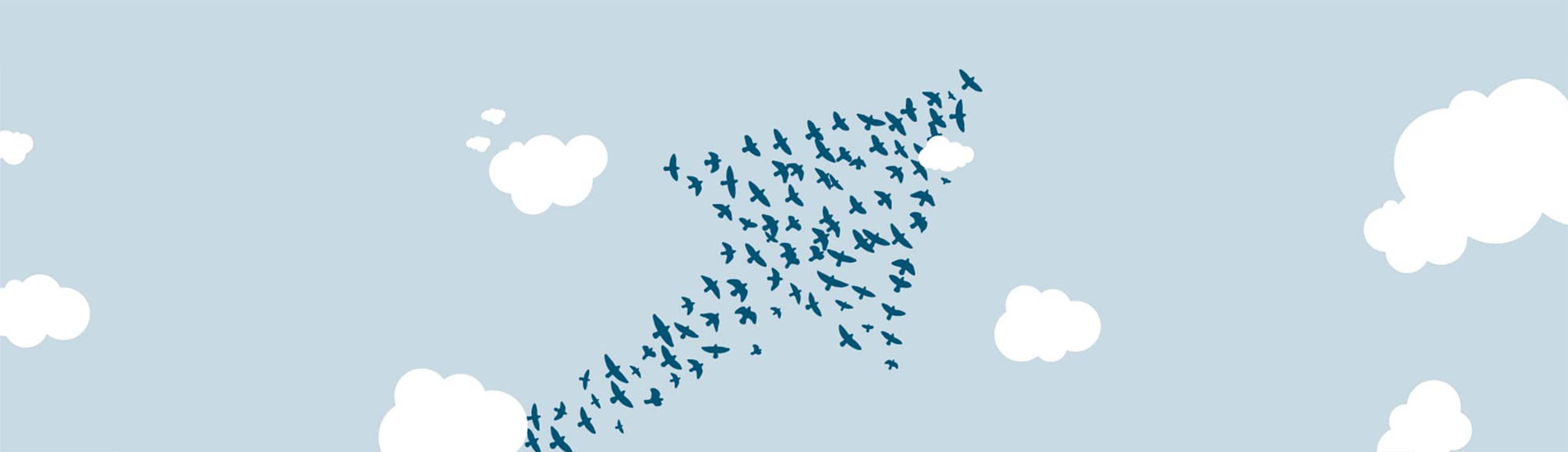 an graphic illustration of an arrow comprised of birds with a light blue background