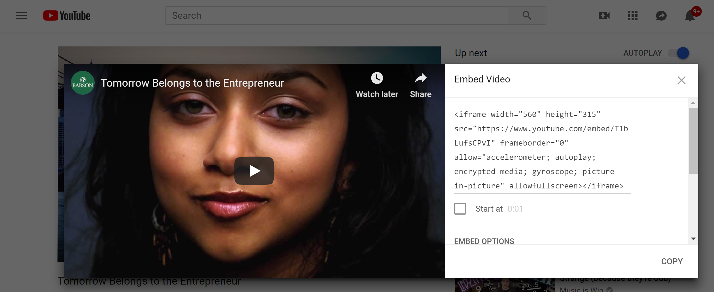 YouTube Embed Popup Screenshot