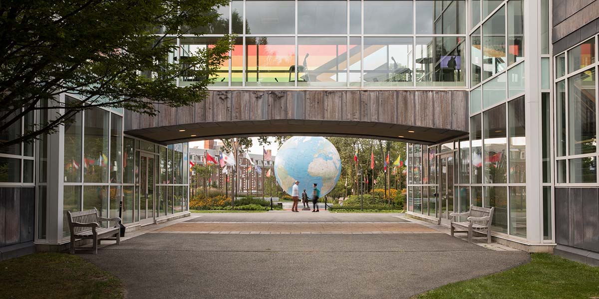 shot of building with campus globe in background